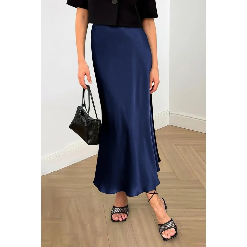 Women's Navy Blue High Waisted Cocktail Satin Flowy Elegant A Line Midi Skirt - Picture 6 of 6